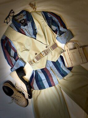 Dockers Vintage Striped Button Down Shirt Large Colorblock Denim Cotton Long Sle